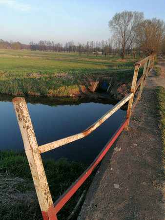 Old rusty gate on the bank of a river in the early springの写真素材