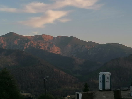 View of the mountain range at sunsetの写真素材