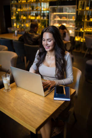 Happy smiling charming woman professional writer working on laptop computer while relaxing in restaurant. Cheerful female blogger typing text on modern netbook during rest in cafeの写真素材