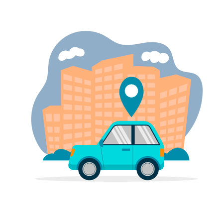 simple two-door blue coupe car side view with a location icon on top drives against the backdrop of city skyscrapers in a bubble isolated on white background flat graphic. Car arrival and tracking illustrationのイラスト素材