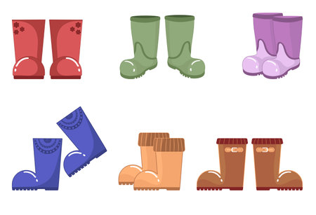 collection of diverse pairs of rubber boots to protect feet from water, moisture, inclement weather and to work outdoors in mud.のイラスト素材