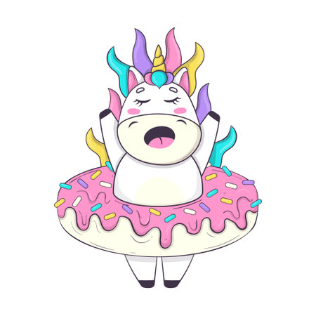 Cute unicorn with rainbow mane and anime style horn climbed into a donutのイラスト素材
