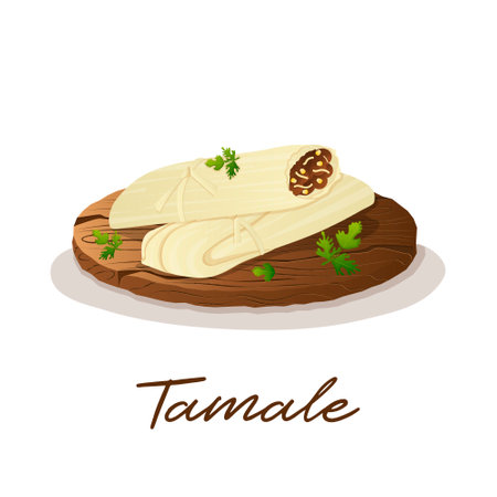 Mexican dish tamale minced meat wrapped in a corn leaf with parsley on a wooden tray. Fast food restaurant and street food snacks, meat tortillas, takeaway food deliveryのイラスト素材
