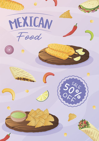 Mexican food flyer A4 with tacos, burritos, tamales, quesadilla, empanadas, elotes and nachos. Banner healthy food, cooking, menu, food concept.のイラスト素材