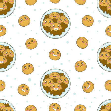 Seamless pattern with mexican dessert pumpkin pancakes Sopaipilla with chocolate sauce with funny faces in doodle cartoon style isolated on white backgroundのイラスト素材
