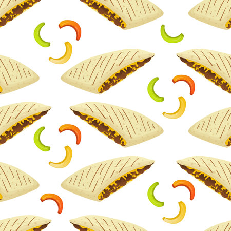 Seamless pattern with mexican food quesadilla and chili peppers. Fast food restaurant and street food snacks, meat tortillas, takeaway food deliveryのイラスト素材