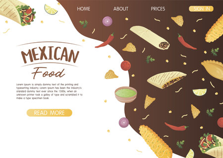 Website landing page template with mexican dish burrito and tamale on a wooden tray. Fast food restaurant and street food snacks, meat tortillas, takeaway food deliveryのイラスト素材