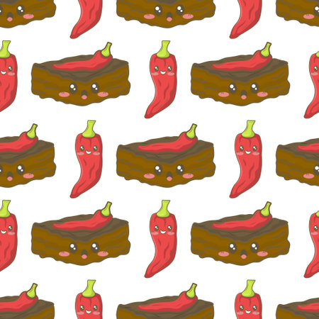 Seamless pattern with mexican chili brownie and peppers with funny faces in doodle cartoon style isolated on white backgroundのイラスト素材