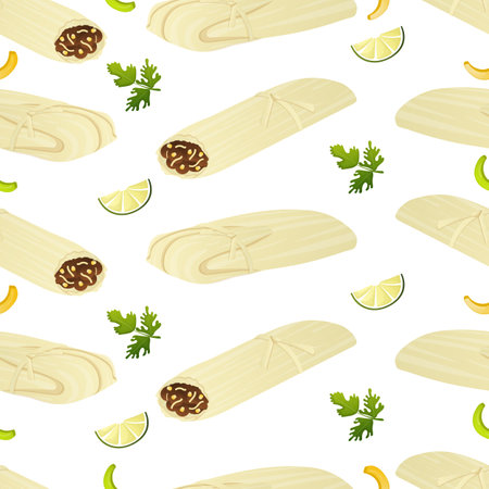 Seamless pattern with Mexican food tamale, parsley and lemon. Fast food restaurant and street food snacks, meat tortillas, takeaway food deliveryのイラスト素材