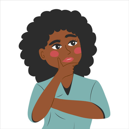 Thinking young black woman has a question. Rubs chin, looks up and thinks about a new creative idea.のイラスト素材