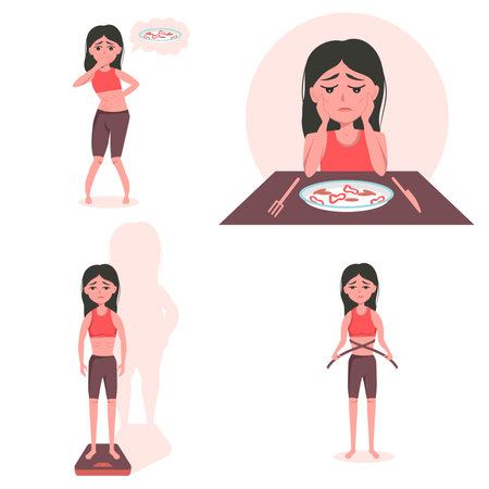 The concept of mental disorder and food addiction - a girl with anorexia, bulimia is afraid to eat, weigh herself, measure body parameters, nauseated at the thought of food.のイラスト素材