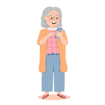 Elderly woman joyfully uses smartphone isolated on white background flat cartoon graphic.のイラスト素材