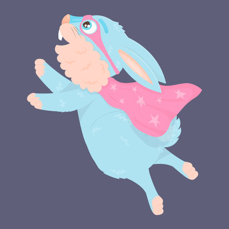 Cute blue hare superhero in mask and cape flying in flat cartoon styleのイラスト素材
