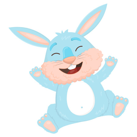 Cute blue hare jumping for joy in flat cartoon styleのイラスト素材