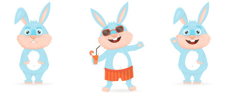 Collection of cute blue cartoon rabbits. Rabbit in sunglasses and swimming trunks stands and wavesのイラスト素材