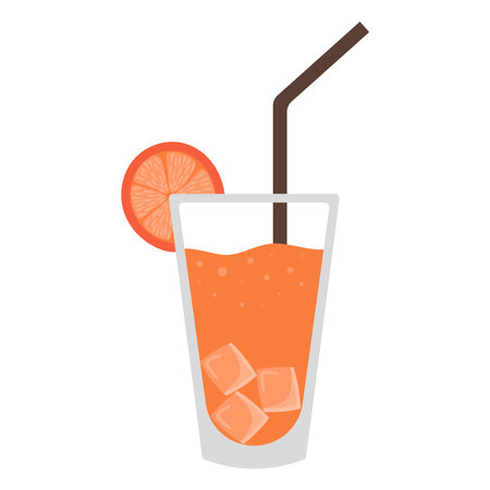 Orange cocktail with ice in a transparent glass with a straw garnished with a slice of orange in a flat styleのイラスト素材