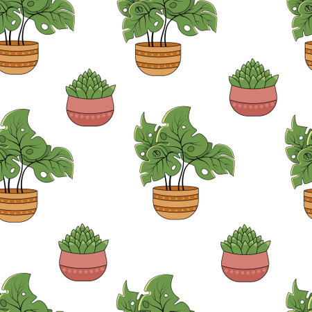Seamless pattern with monstera houseplants and succulents in pots on the white backgroundのイラスト素材