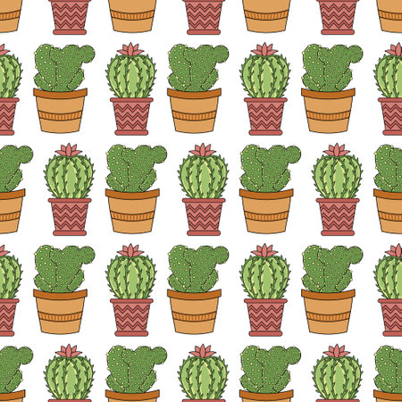 Seamless pattern with home plants cacti succulents in pots on a white background