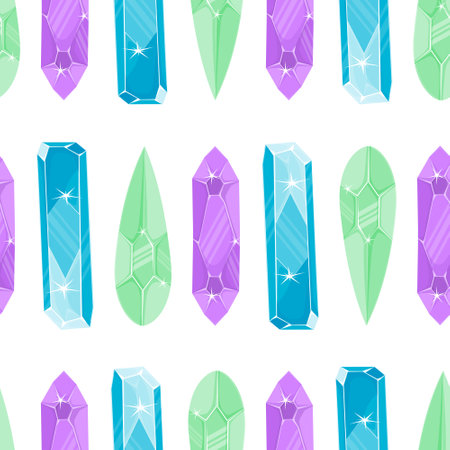 Seamless pattern with ligyt green, purple and blue magic crystals in a simple minimalistic flat style on a white backgroundのイラスト素材
