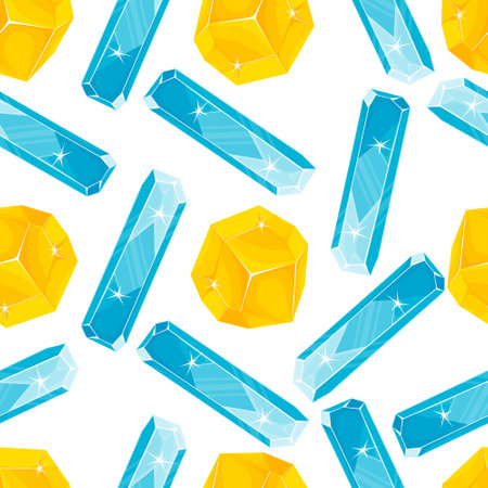 Seamless pattern with blue and orange magic crystals in a simple minimalistic flat style on a white backgroundのイラスト素材