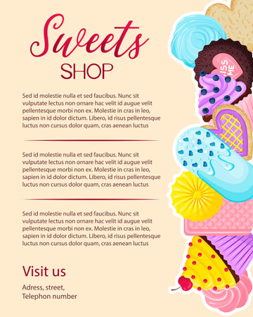 Flyer template for sweet shop on beige background with cute desserts in cartoon flat style. Media design for banner, poster, confectionery advertisement.のイラスト素材
