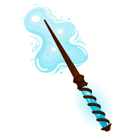 Wooden magic wand with blue crystal, magic smoke, fairy dust and glow swirlのイラスト素材