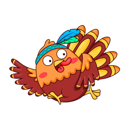 Cartoon funny turkey bird in indian headband with feathers runs away for Thanksgivingのイラスト素材