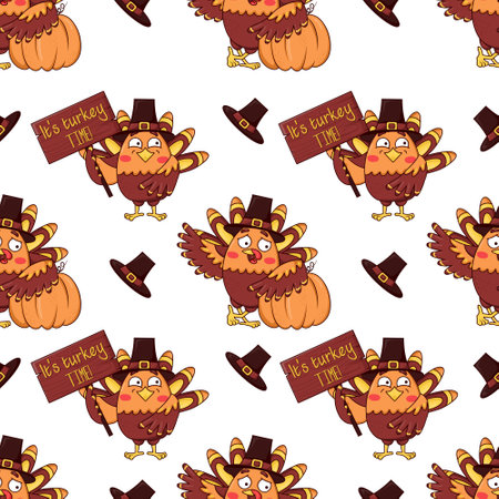 Seamless pattern with cute cartoon turkeys wearing a pilgrim hat with pumpkins and a wooden sign it's turkey timeのイラスト素材