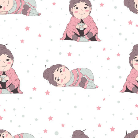 Seamless children's pattern with a cute cartoon doodle girl in a voluminous ugly hygge sweater with a bun on her head lies on her side and drink hot coffee wrapped in a fluffy plaidのイラスト素材