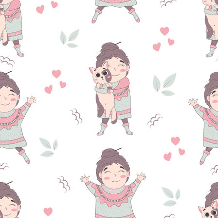 Seamless children's pattern with a cute cartoon doodle girl in a voluminous ugly hygge sweater with a bun on her head hugs a cat, spread her arms and legs rejoicesのイラスト素材