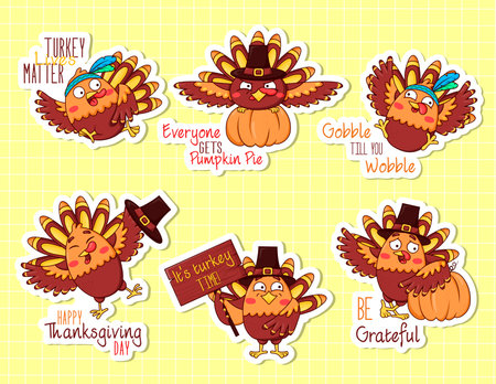 Bundle of stickers of cartoon funny turkeys in different thanksgiving poses with funny slogansのイラスト素材