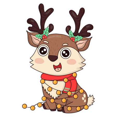 cute reindeer with a holly sits tangled in a Christmas garland isolated on white backgroundのイラスト素材
