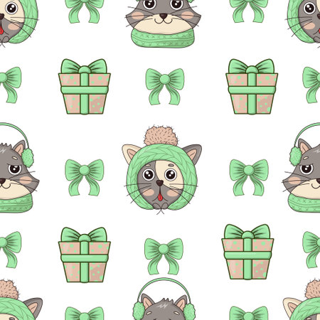 Seamless pattern with heads of Christmas cheerful cute cats in green knitted hats, warm headphones, bows and New Year's giftsのイラスト素材