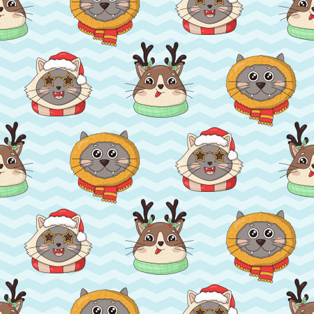 Seamless pattern with heads of Christmas cats, merry Christmas illustrations of cute cats with accessories such as knitted hats, scarves, antlers on a blue background with a zigzagのイラスト素材