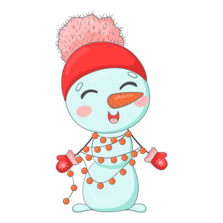 Cute cartoon snowman in a knitted red knitted hat wrapped with a New Year's garlandのイラスト素材
