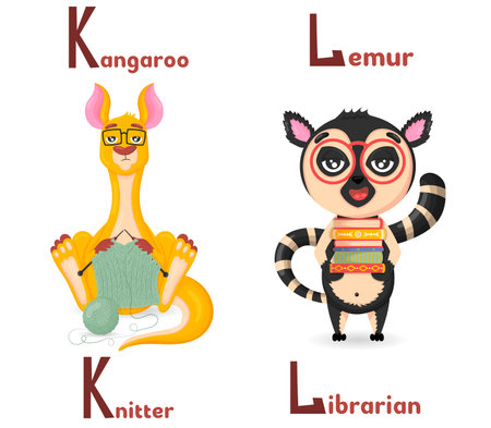 Latin alphabet ABC of animal professions starting with the letter K kangaroo knitter and letter l lemur librarian in cartoon style.のイラスト素材