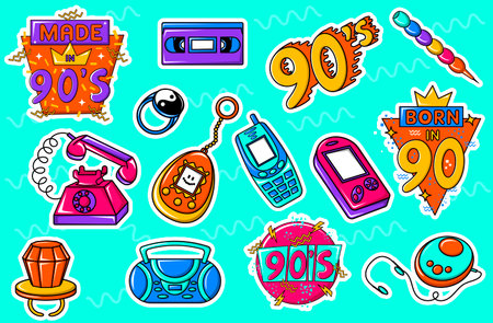 Collection of bright multi-colored stickers, retro badges, patches for designs in the style of the 90s. set of items from the era of the 90s and 80s.のイラスト素材
