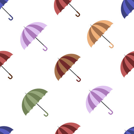 Seamless autumn pattern with colorful blue, red, orange, brown, purple, green umbrellas for rainy weather in flat style isolated on white backgroundのイラスト素材