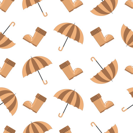 Seamless autumn pattern with brown yellow rubber boots and an umbrella for rainy weather in a flat style isolated on a white backgroundのイラスト素材