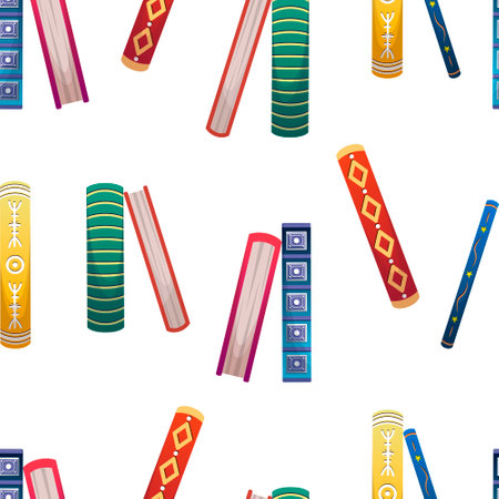 Seamless pattern with stacks of beautiful multicolored vintage books with spine patternsのイラスト素材