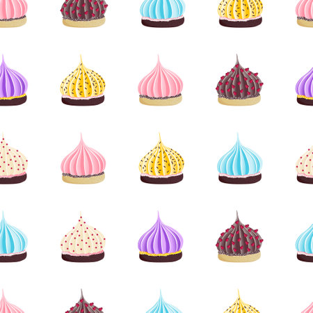 Seamless pattern with multi-colored appetizing swirls of meringue and cream on biscuit dough with sprinklingのイラスト素材