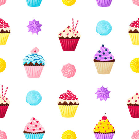 Seamless pattern with cute cupcakes and meringues on a white background in a cartoon flat styleeのイラスト素材