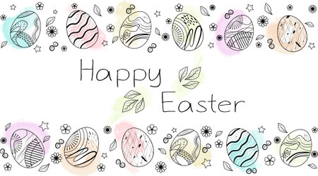 Congratulatory watercolor banner with simple easter eggs and abstract pattern and lettering happy easter.のイラスト素材