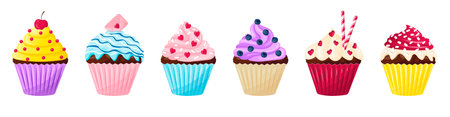 Set of cute cupcakes in flat style. Sweet pastries decorated with cream, icing, hearts, berries. Dessert for valentine's dayのイラスト素材