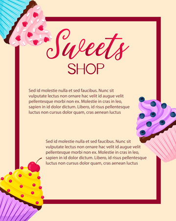 Flyer template for sweet shop on beige background with cute cupcakes in cartoon flat style. Media design for banner, poster, confectionery advertisement.のイラスト素材