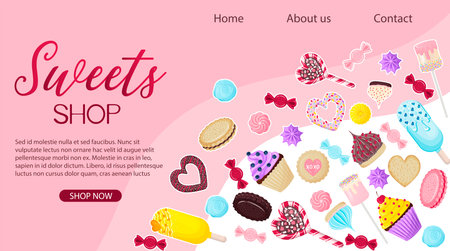 Landing page template for a sweet shop on a pink abstract background with a variety of desserts. Media design for banner, flyer, confectionery advertisement.のイラスト素材