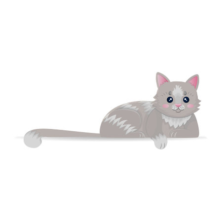 Cute cartoon cat lies dangling its paw and tailのイラスト素材