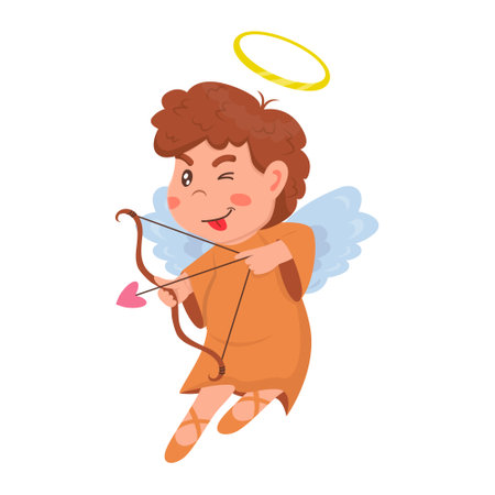 Little cute boy angel in orange dress shoots a bow in cartoon styleのイラスト素材