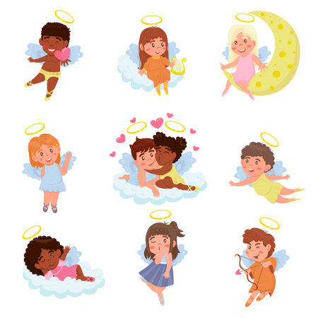 Funny kids cupids with wings characters, boys and girls with romantic arrows, trumpet and bows, blonde heaven angelic children on clouds different poses. Collection of cute children angels in cartoon styleのイラスト素材
