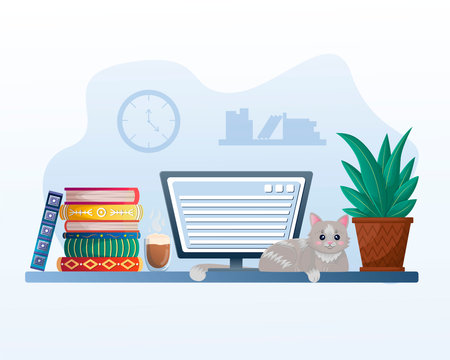 Workplace with a computer, books, a flower in a pot, a cup of coffee and a cat. Cozy work desk, home atmosphere, freelancing, work from home. illustration in complex flat styleのイラスト素材